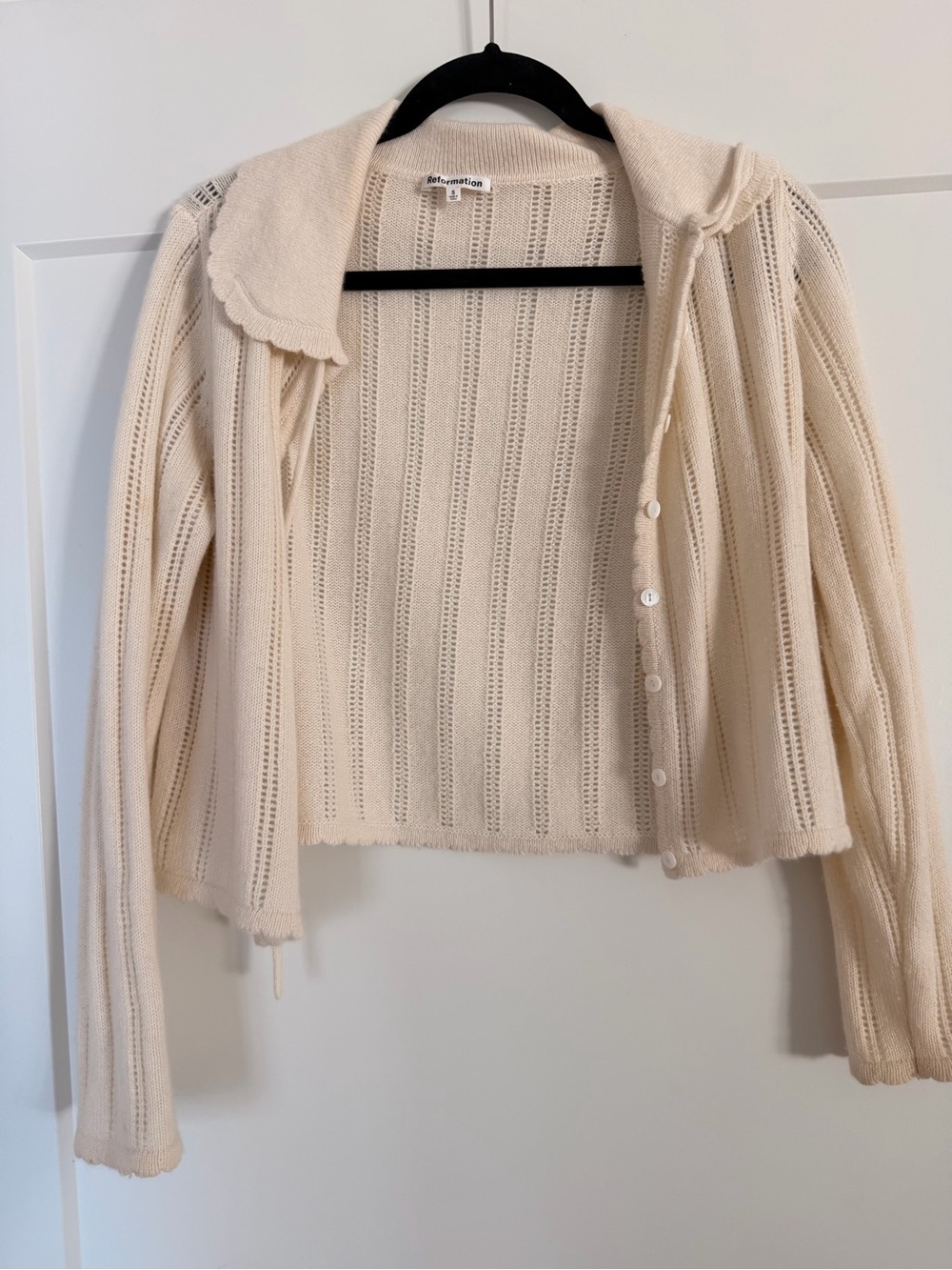 Reformation Cream Open-Knit Scallop Collar cashmere Cardigan